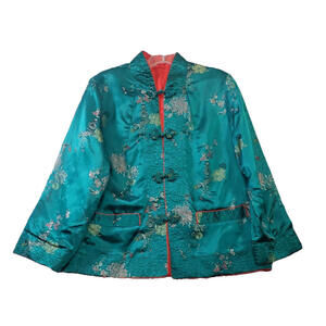 Vintage Chinese Jacket Womens Medium Reversible Brocade Green Gold Floral